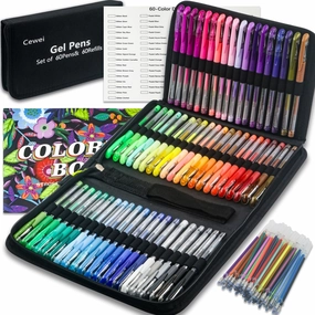 Glitter Gel Pens for Adult Coloring Books, Glitter Pens Set of 120 (60 Gel Glitter Pens & 60 Pen Refills), Fine Point (0.8-1.0mm) Pens for Journaling, Art Supplies for Scrapbooking, Doodling, Drawing