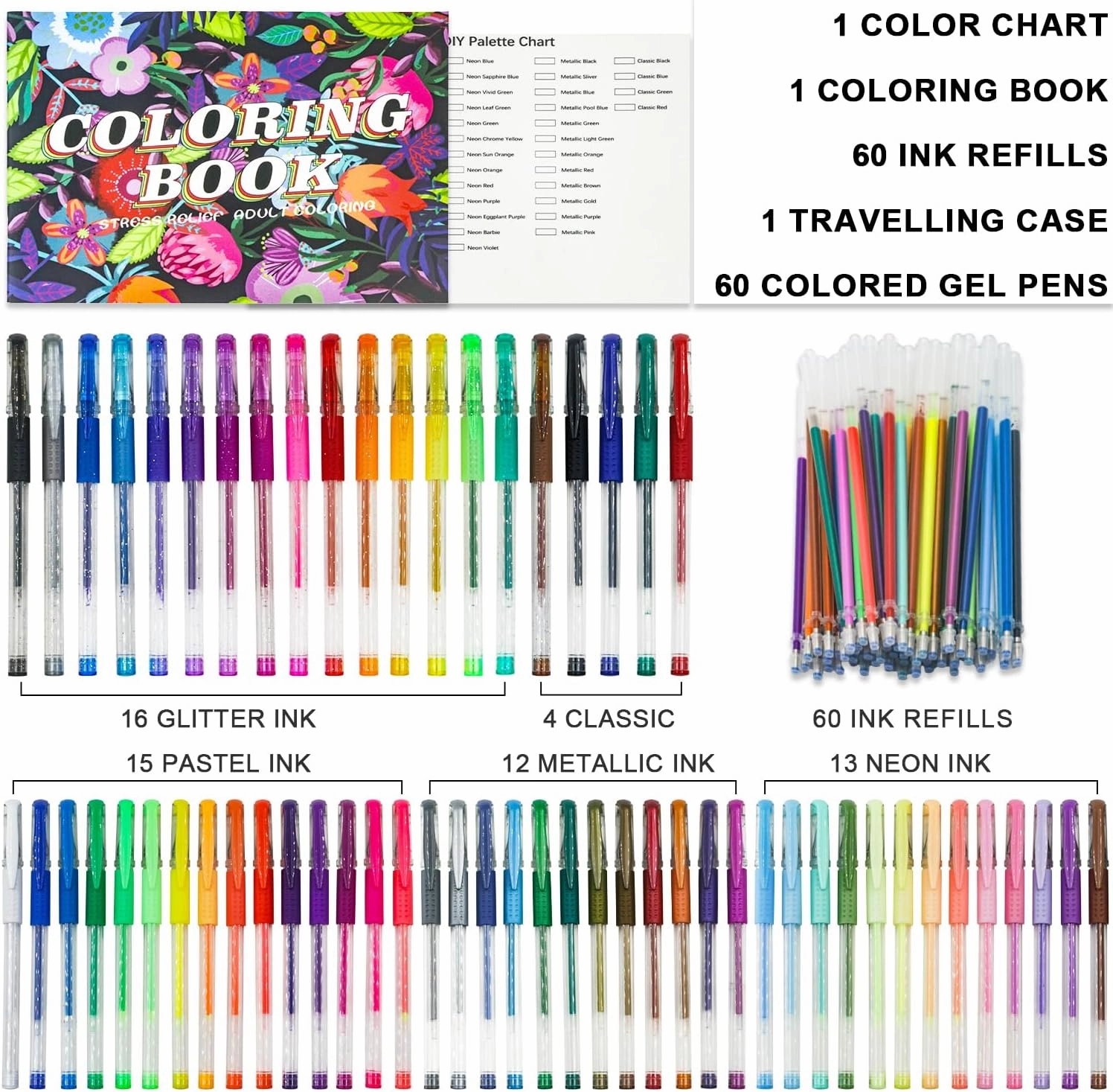 Glitter Gel Pens for Adult Coloring Books, Glitter Pens Set of 120 (60 Gel Glitter Pens & 60 Pen Refills), Fine Point (0.8-1.0mm) Pens for Journaling, Art Supplies for Scrapbooking, Doodling, Drawing
