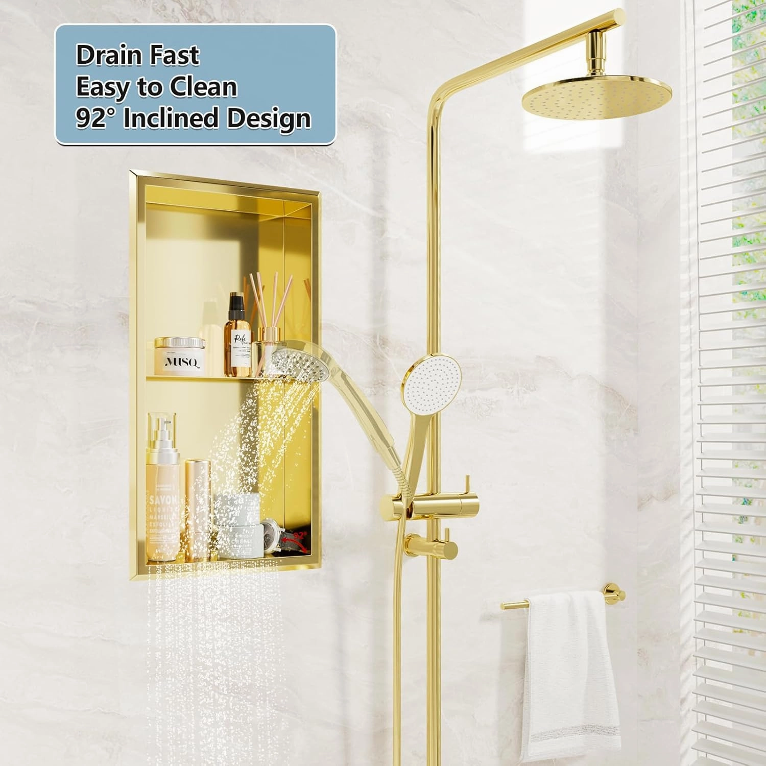Golden Shower Niche, 12" x 24" Recessed - No Tile Needed, Stainless Steel for Bathroom, Kitchen or Toilet