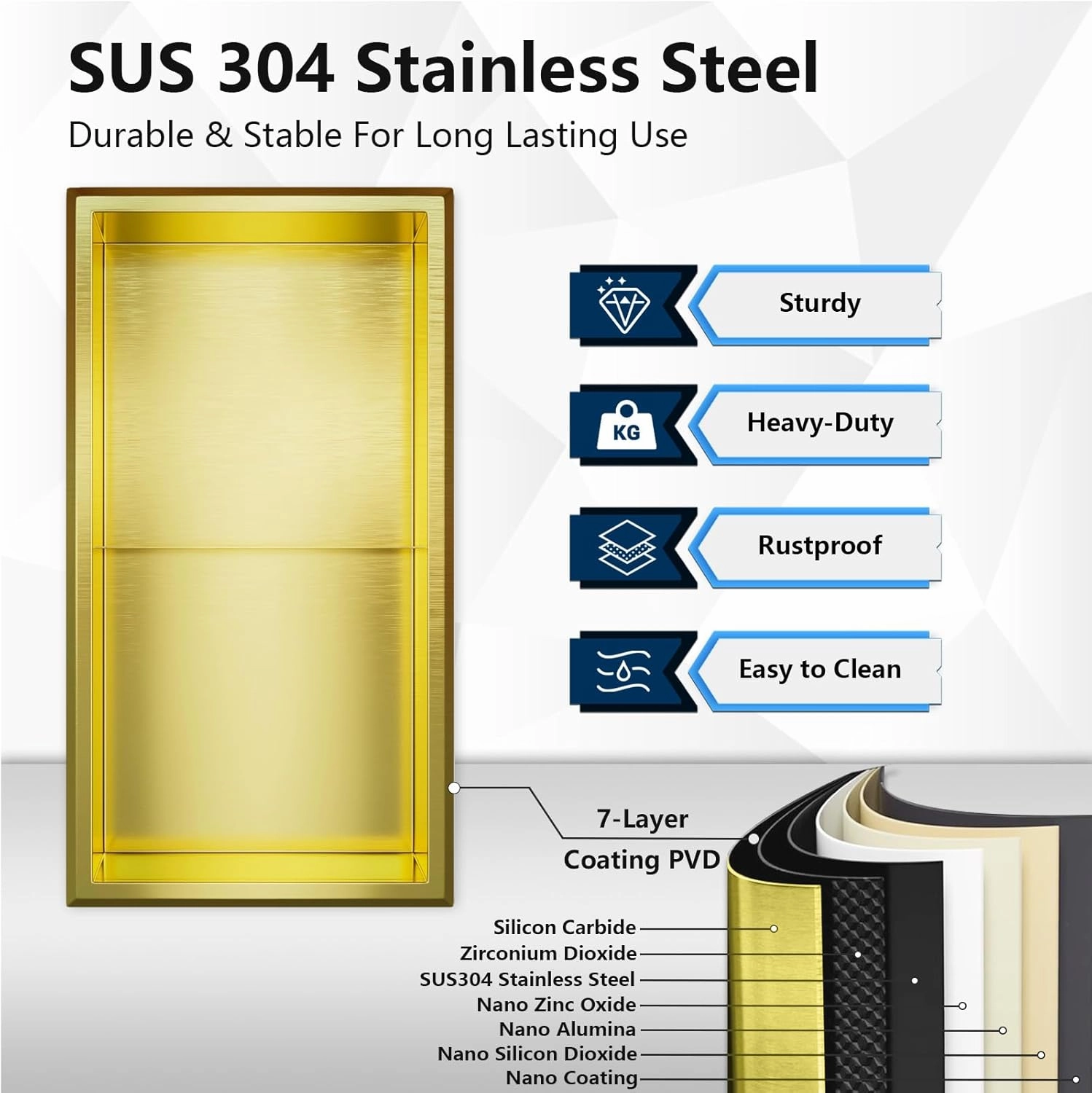 Golden Shower Niche, 12" x 24" Recessed - No Tile Needed, Stainless Steel for Bathroom, Kitchen or Toilet
