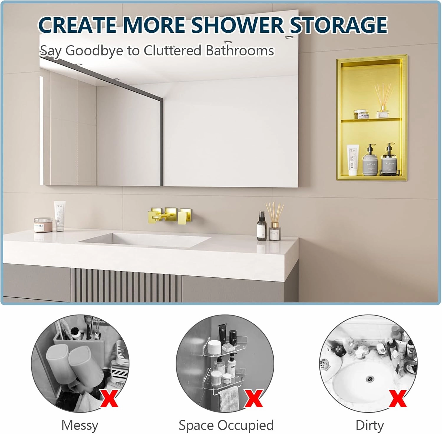 Golden Shower Niche, 12" x 24" Recessed - No Tile Needed, Stainless Steel for Bathroom, Kitchen or Toilet