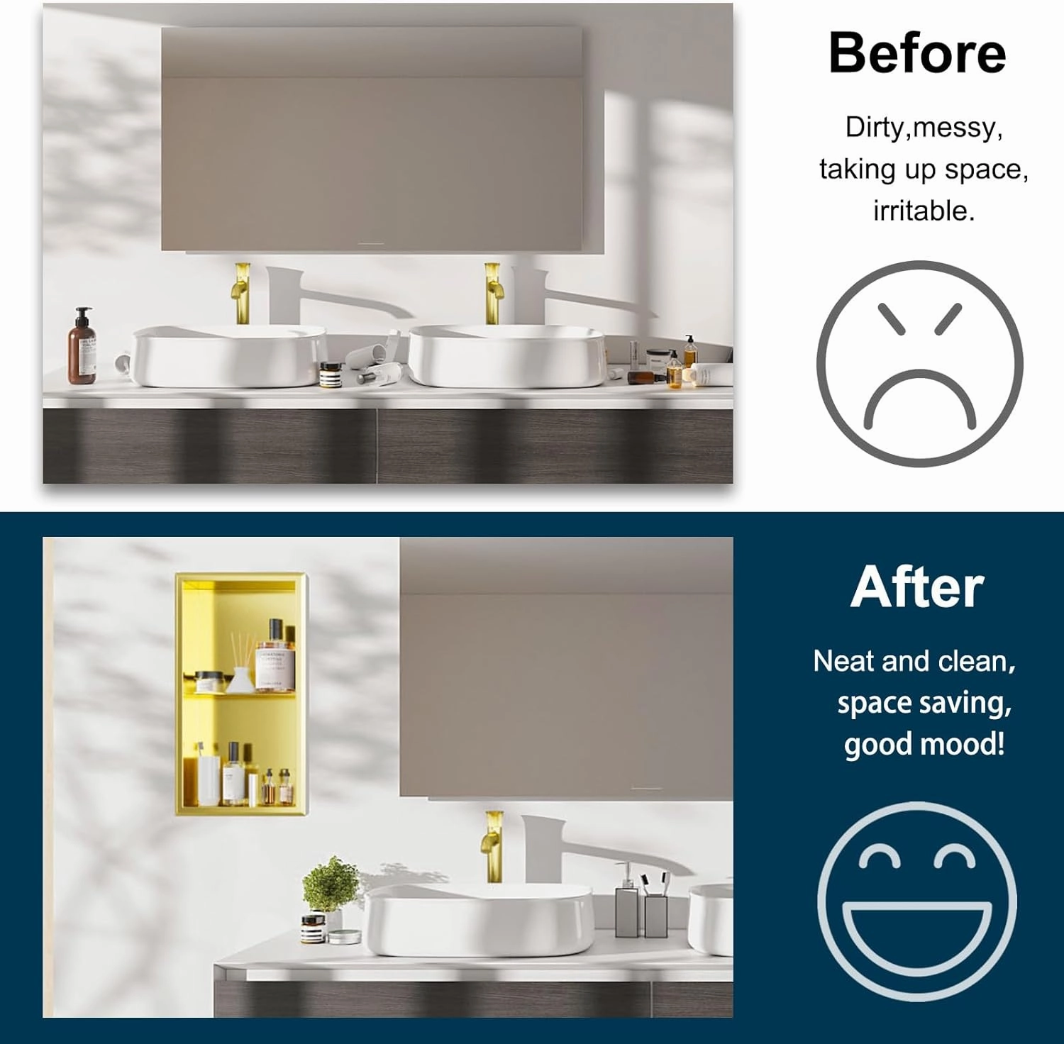 Golden Shower Niche, 12" x 24" Recessed - No Tile Needed, Stainless Steel for Bathroom, Kitchen or Toilet