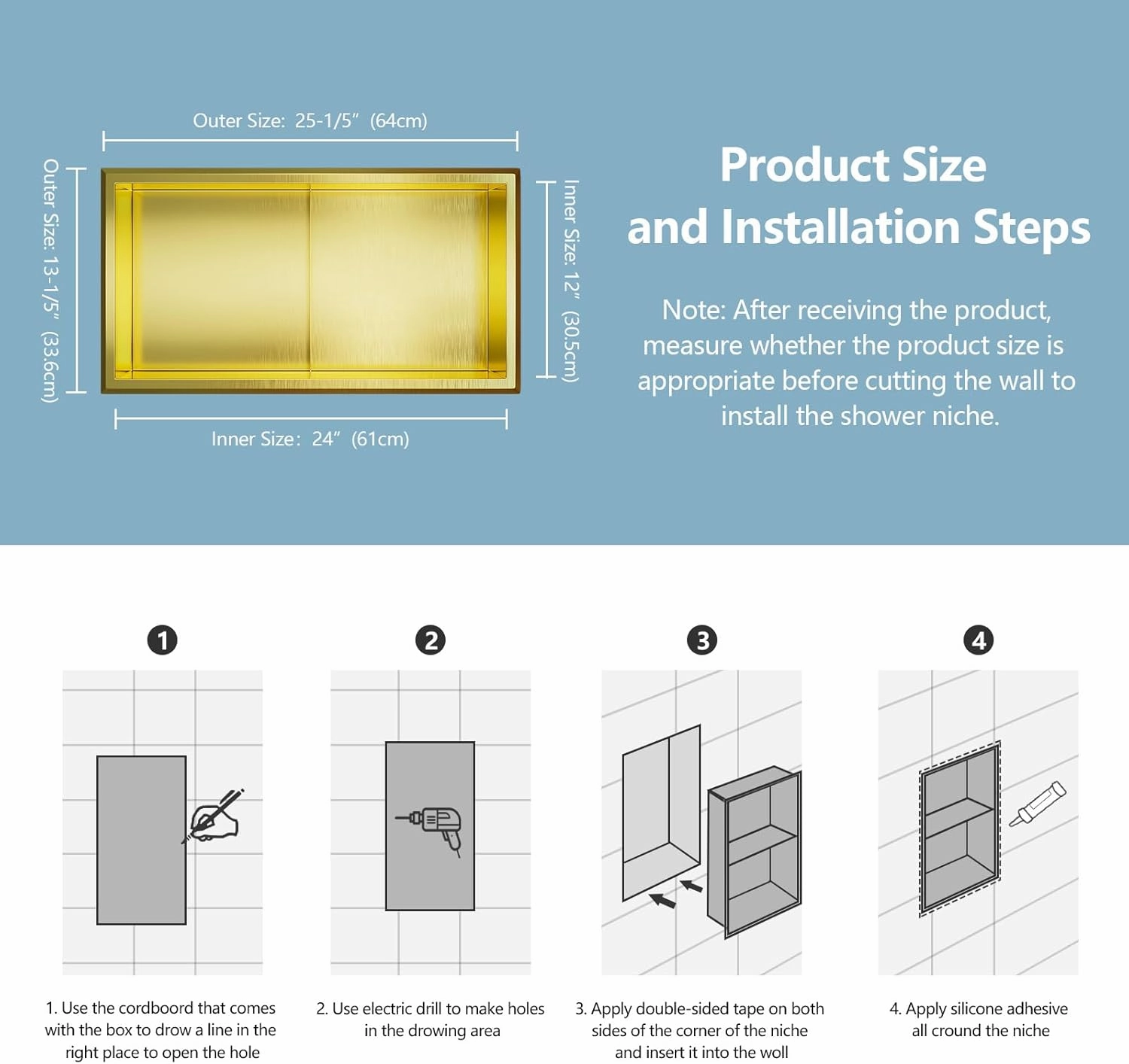 Golden Shower Niche, 12" x 24" Recessed - No Tile Needed, Stainless Steel for Bathroom, Kitchen or Toilet