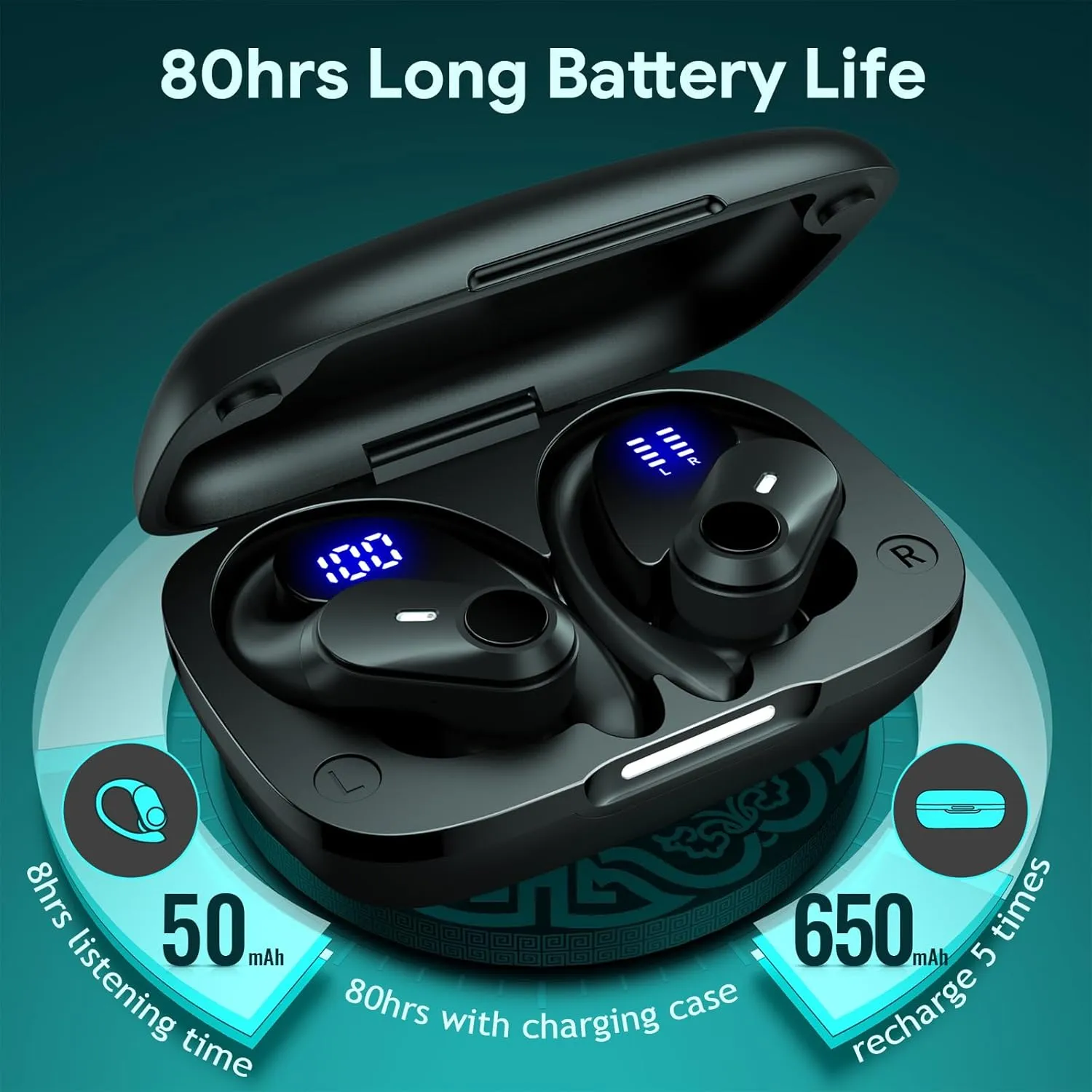 GOLREX Wireless Earbuds Bluetooth Headphones 80H Playtime Ear Buds with Wireless Charging Case & Dual LED Power Display Over-Ear Earphones with Earhooks for Sports Running Workout Black