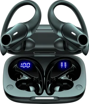 GOLREX Wireless Earbuds Bluetooth Headphones 80H Playtime Ear Buds with Wireless Charging Case & Dual LED Power Display Over-Ear Earphones with Earhooks for Sports Running Workout Black