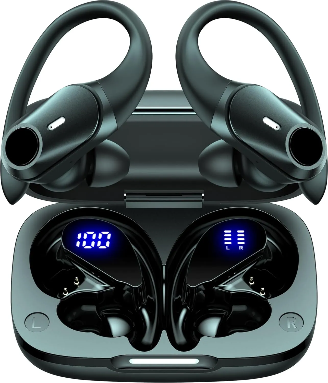GOLREX Wireless Earbuds Bluetooth Headphones 80H Playtime Ear Buds with Wireless Charging Case & Dual LED Power Display Over-Ear Earphones with Earhooks for Sports Running Workout Black
