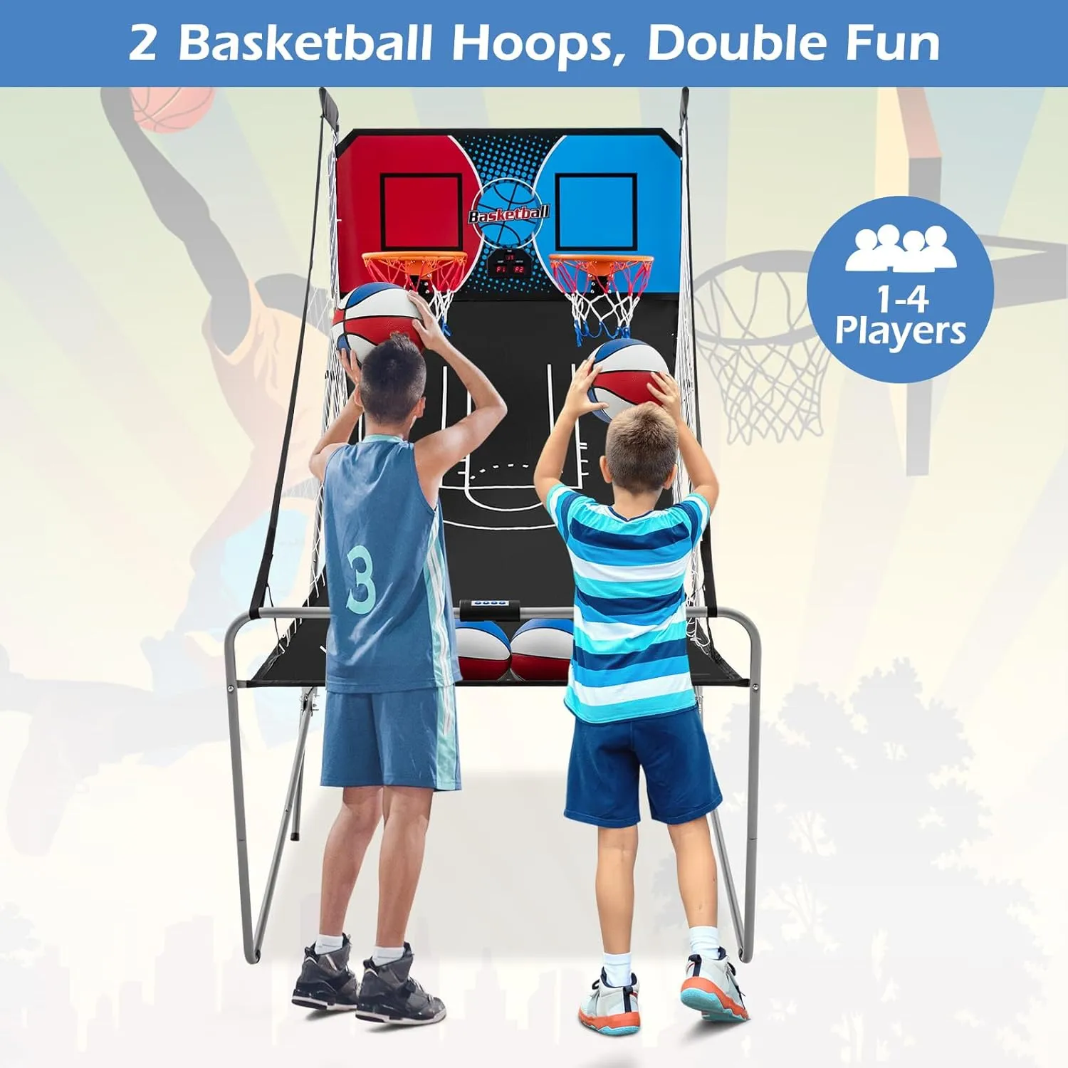 Goplus Foldable Dual Shot Basketball Arcade Game, Electronic Basketball Hoop Game w/LCD Scoreboard, 8 Game Modes, 4 Balls, Indoor Outdoor Basketball Game Machine for Kids Adults (Red Navy)