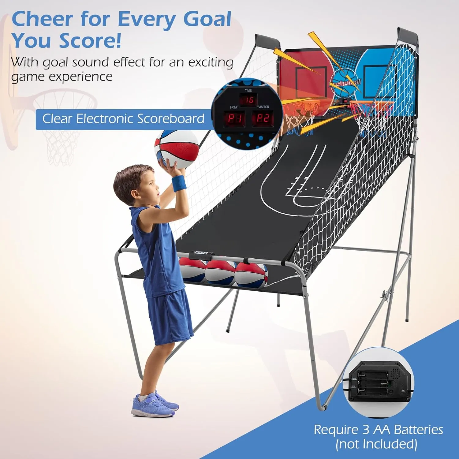 Goplus Foldable Dual Shot Basketball Arcade Game, Electronic Basketball Hoop Game w/LCD Scoreboard, 8 Game Modes, 4 Balls, Indoor Outdoor Basketball Game Machine for Kids Adults (Red Navy)