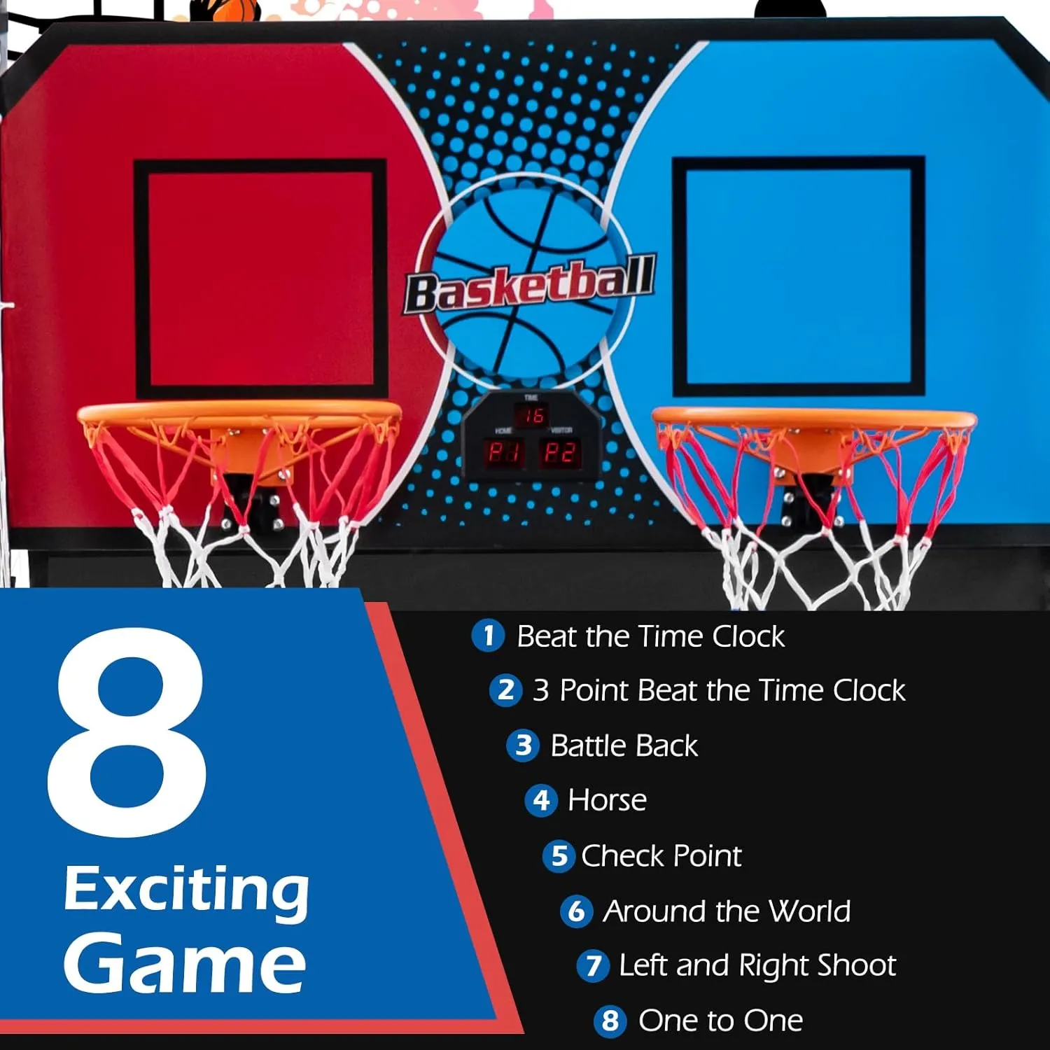 Goplus Foldable Dual Shot Basketball Arcade Game, Electronic Basketball Hoop Game w/LCD Scoreboard, 8 Game Modes, 4 Balls, Indoor Outdoor Basketball Game Machine for Kids Adults (Red Navy)