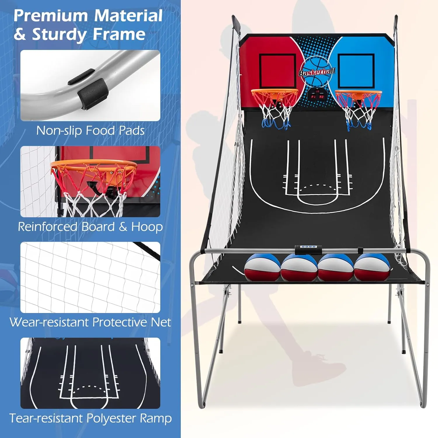 Goplus Foldable Dual Shot Basketball Arcade Game, Electronic Basketball Hoop Game w/LCD Scoreboard, 8 Game Modes, 4 Balls, Indoor Outdoor Basketball Game Machine for Kids Adults (Red Navy)