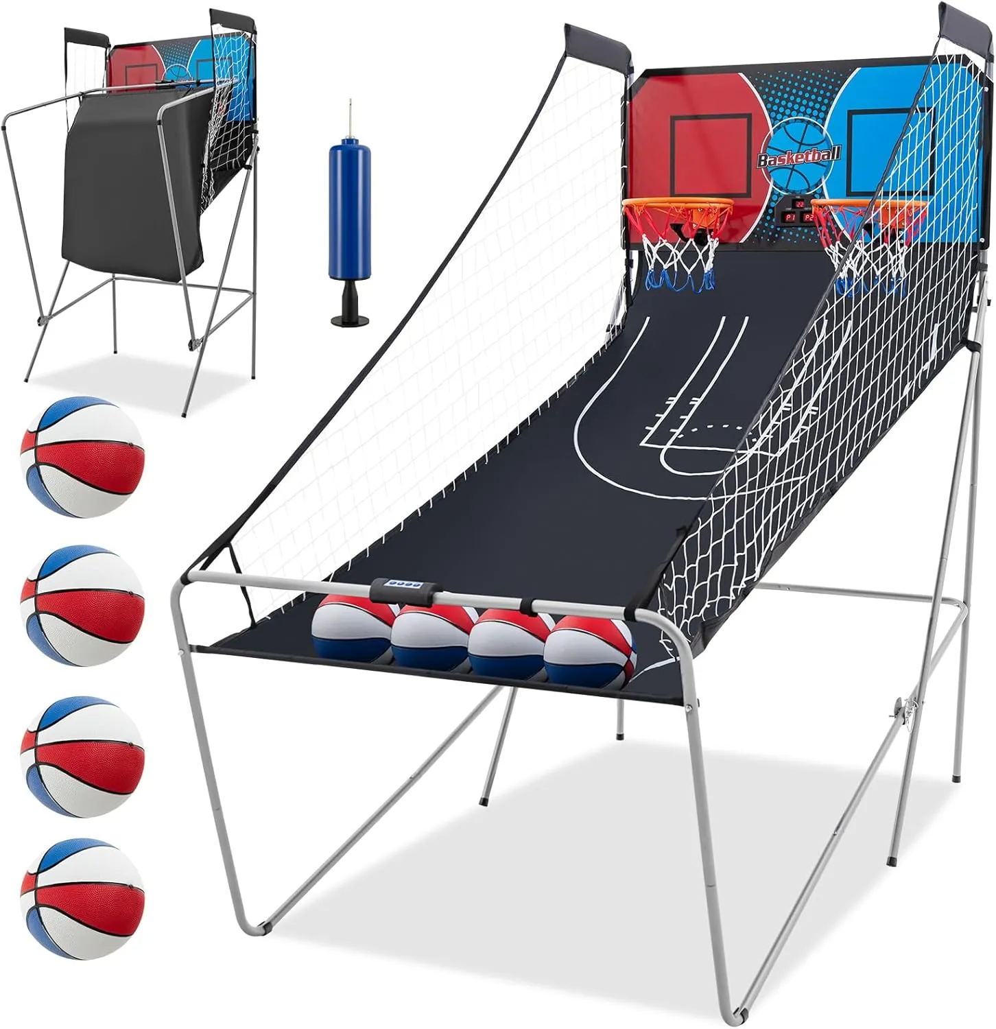 Goplus Foldable Dual Shot Basketball Arcade Game, Electronic Basketball Hoop Game w/LCD Scoreboard, 8 Game Modes, 4 Balls, Indoor Outdoor Basketball Game Machine for Kids Adults (Red Navy)
