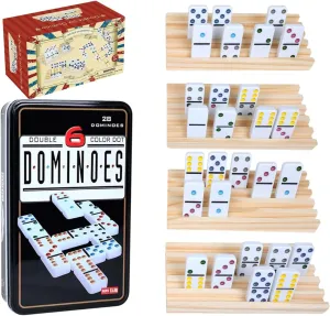 GOTHINK Dominoes Set for Adults with 4 Wooden Trays/Racks, Double 6 Dominoes Set Travel Set with 4 Tiles Holders, 28 Tile Colored Dot Dominos in Tin Box Classic Family Board Games for 2-4 Players