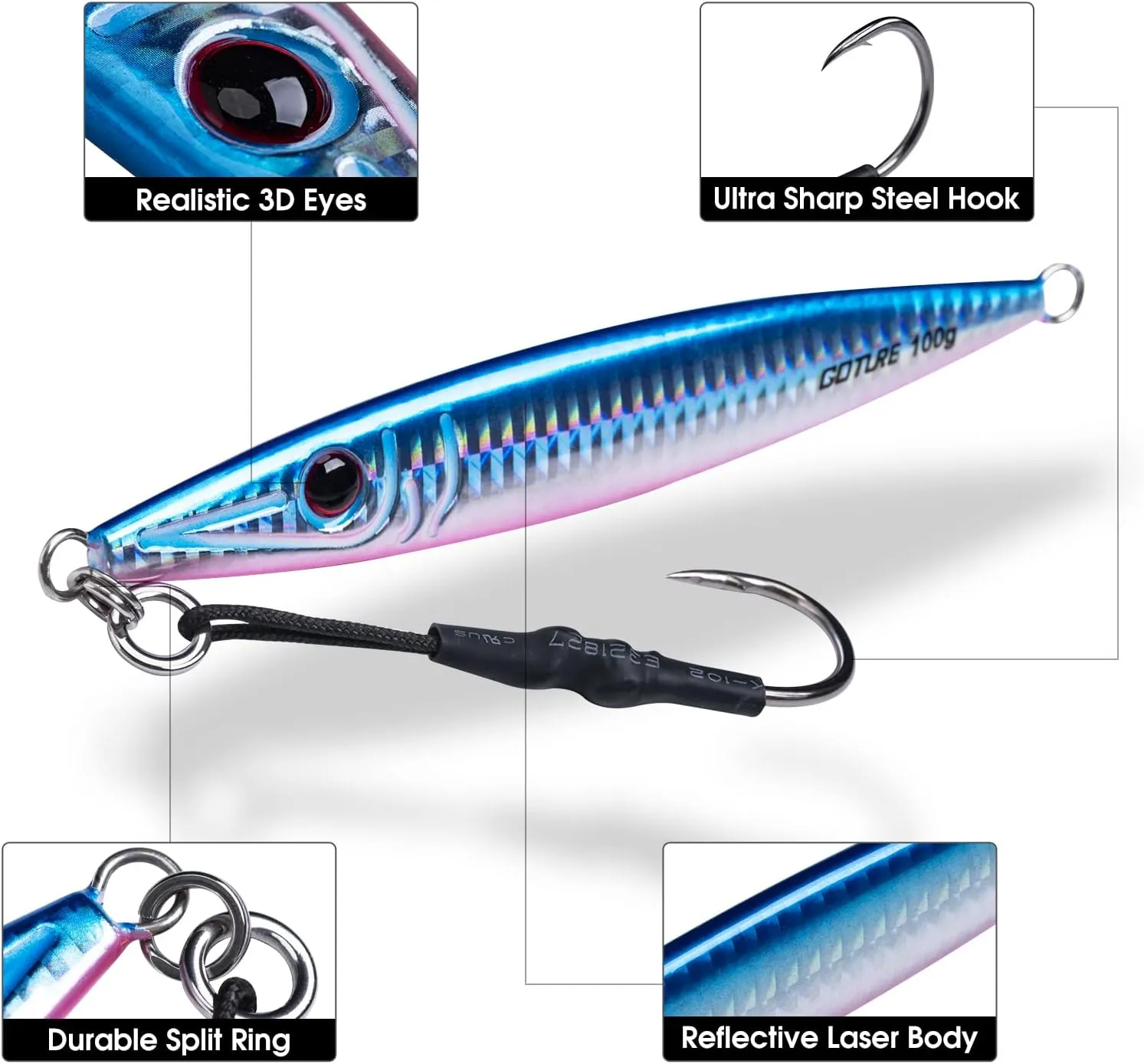 Goture Fishing Jigs Saltwater 60g-200g with Assist Hook, Glow Vertical Jigs, Speed Fast Lead Jig Sea Fishing Jigging Spoon Lures for Tuna, Salmon, Sailfish, Striped bass, Grouper Snapper, Kingfish