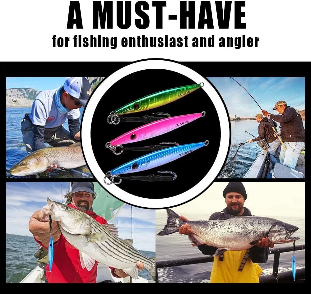 Goture Fishing Jigs Saltwater 60g-200g with Assist Hook, Glow Vertical Jigs, Speed Fast Lead Jig Sea Fishing Jigging Spoon Lures for Tuna, Salmon, Sailfish, Striped bass, Grouper Snapper, Kingfish