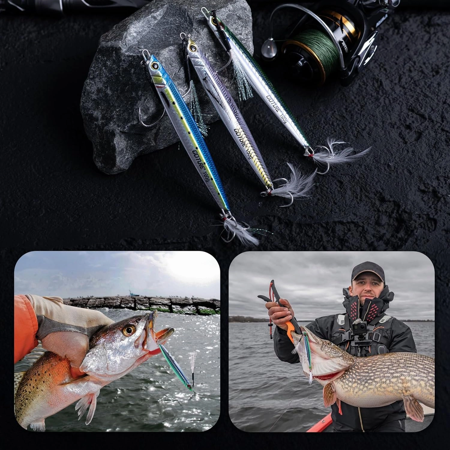 Goture Fishing Jigs,60g 80g 100g 120g Vertical Jig Saltwater, Jig Fishing Lures with Assist Hook and Treble Hook,Deep Sea Fishing Jigging Spoon Lures,Speed Fast Fall Jig for Tuna,Salmon,Bass,Kingfish