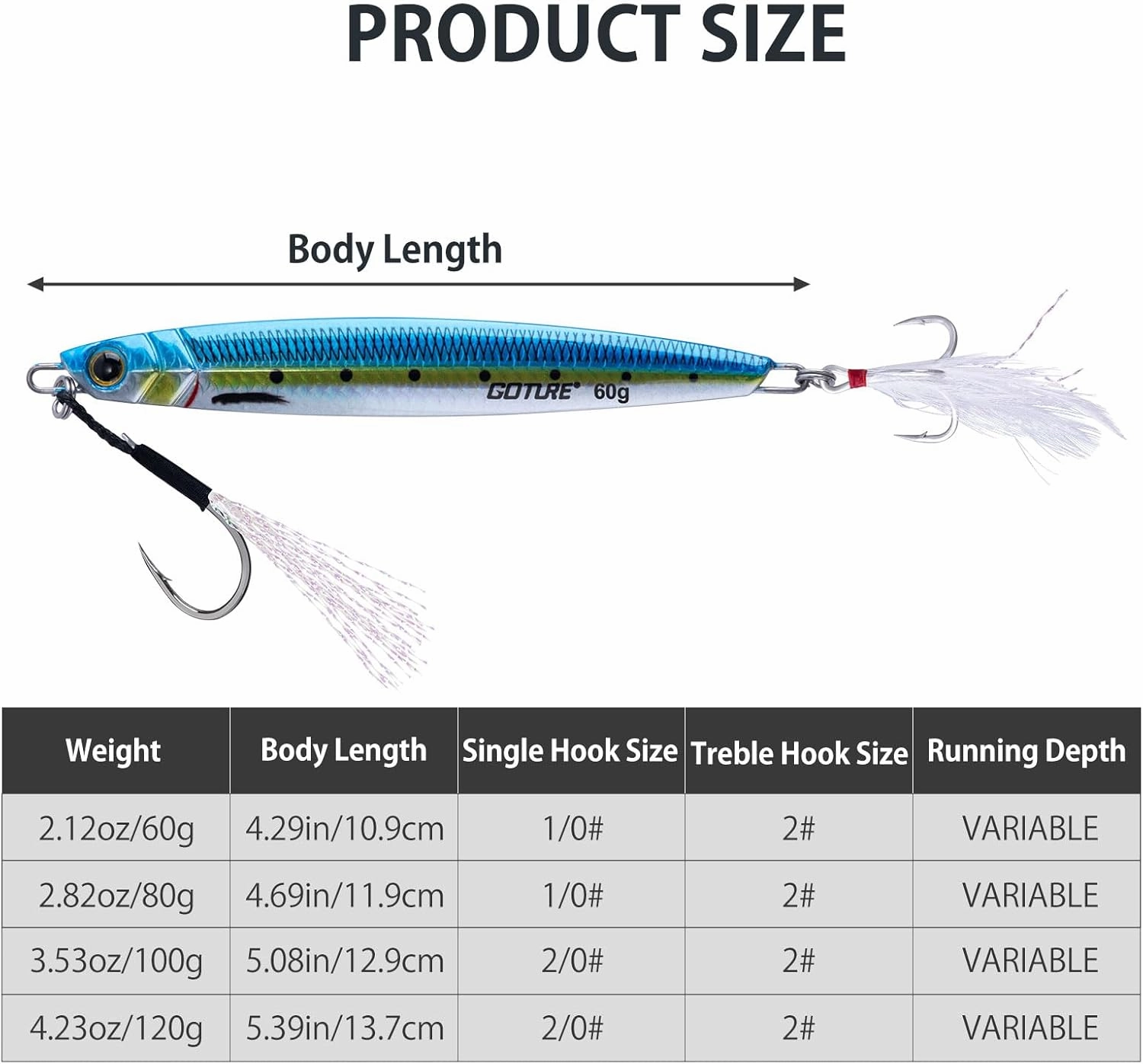 Goture Fishing Jigs,60g 80g 100g 120g Vertical Jig Saltwater, Jig Fishing Lures with Assist Hook and Treble Hook,Deep Sea Fishing Jigging Spoon Lures,Speed Fast Fall Jig for Tuna,Salmon,Bass,Kingfish
