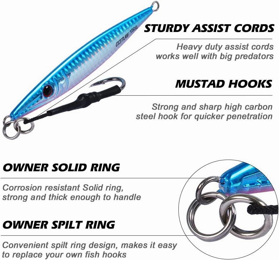 Goture Fishing Jigs Saltwater 60g-200g with Assist Hook, Glow Vertical Jigs, Speed Fast Lead Jig Sea Fishing Jigging Spoon Lures for Tuna, Salmon, Sailfish, Striped bass, Grouper Snapper, Kingfish