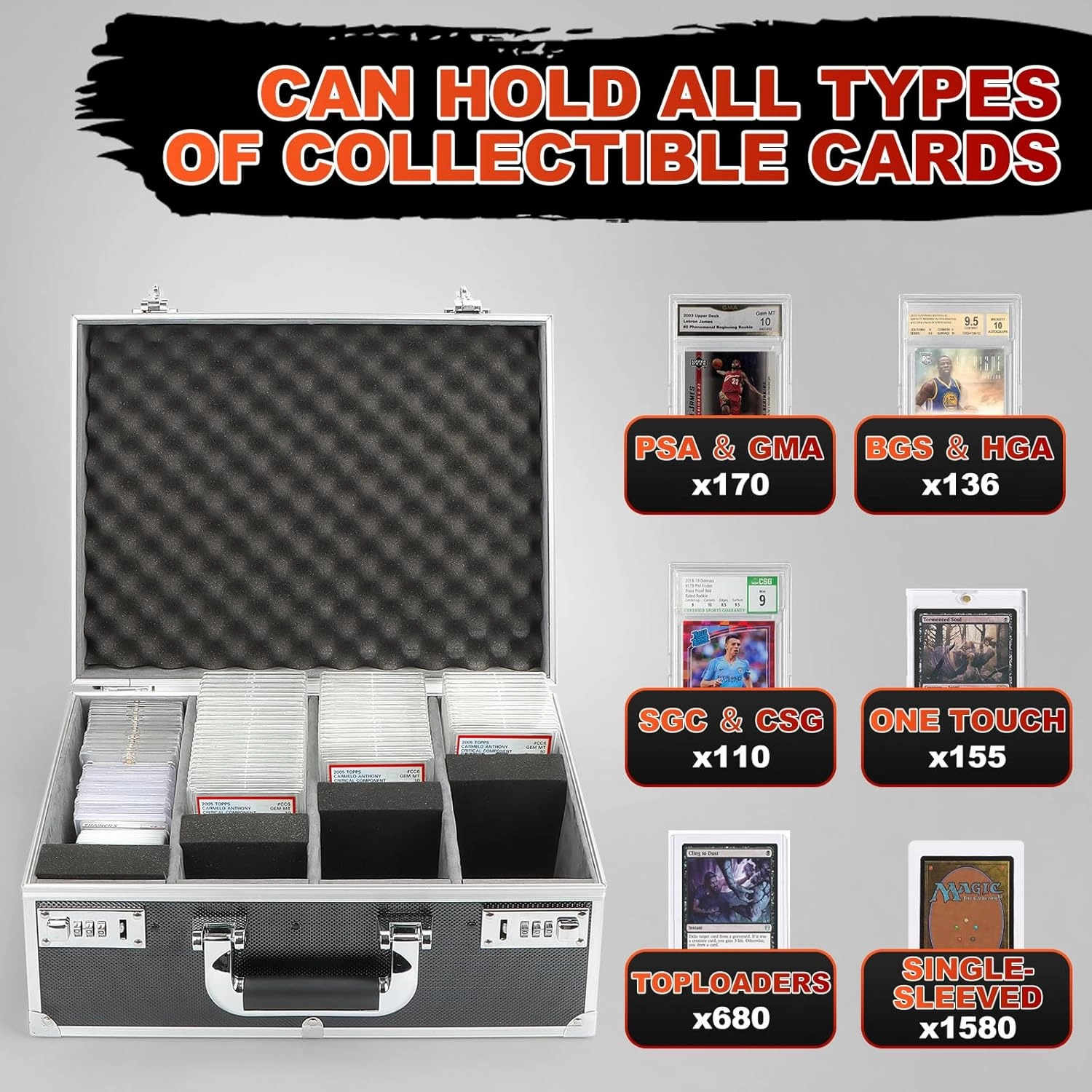 Graded Card Storage Box, Holds 170  PSA/GMA Slabs or 680  Toploaders, 4-Row Trading Card Storage Boxes for Sports Cards Fits 3"x4" 35pt Cards (Silver)