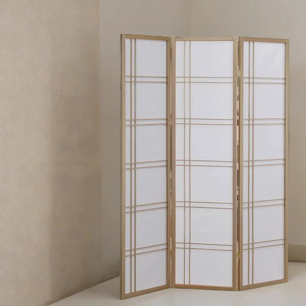 GTU Furniture Japanese Style 3 Panels Wood Shoji Room Divider Screen Oriental for Home/Office (Gold)
