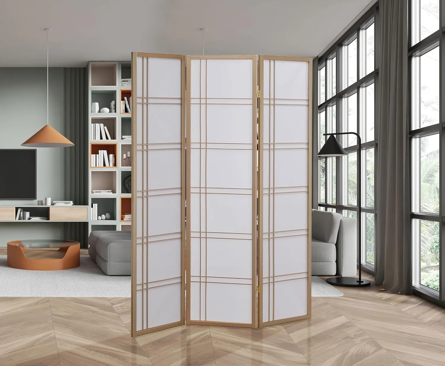 GTU Furniture Japanese Style 3 Panels Wood Shoji Room Divider Screen Oriental for Home/Office (Gold)
