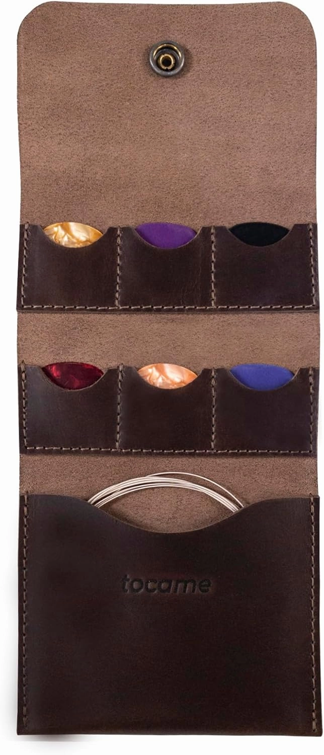 Guitar String Case with 6 Slots for Guitar Picks, Guitar String Holder for Electric & Acoustic Guitar, Accessory Bag for Musicians, Full Grain Leather, Handmade, Bourbon Brown