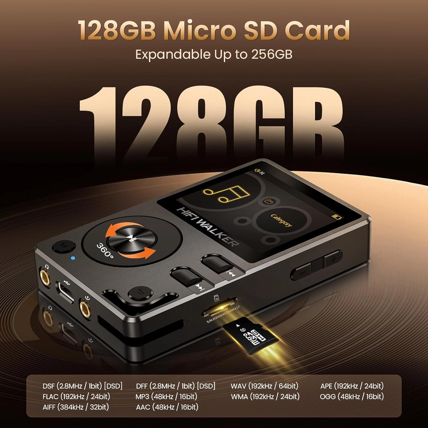 H2-128GB MP3 Player Bluetooth 5.2 Hi Res Music Player Flac Digital DSD Lossless Audio Player High Resolution Portable DAP Player, Two-Way Bluetooth, 128GB SD Card Expandable Memory