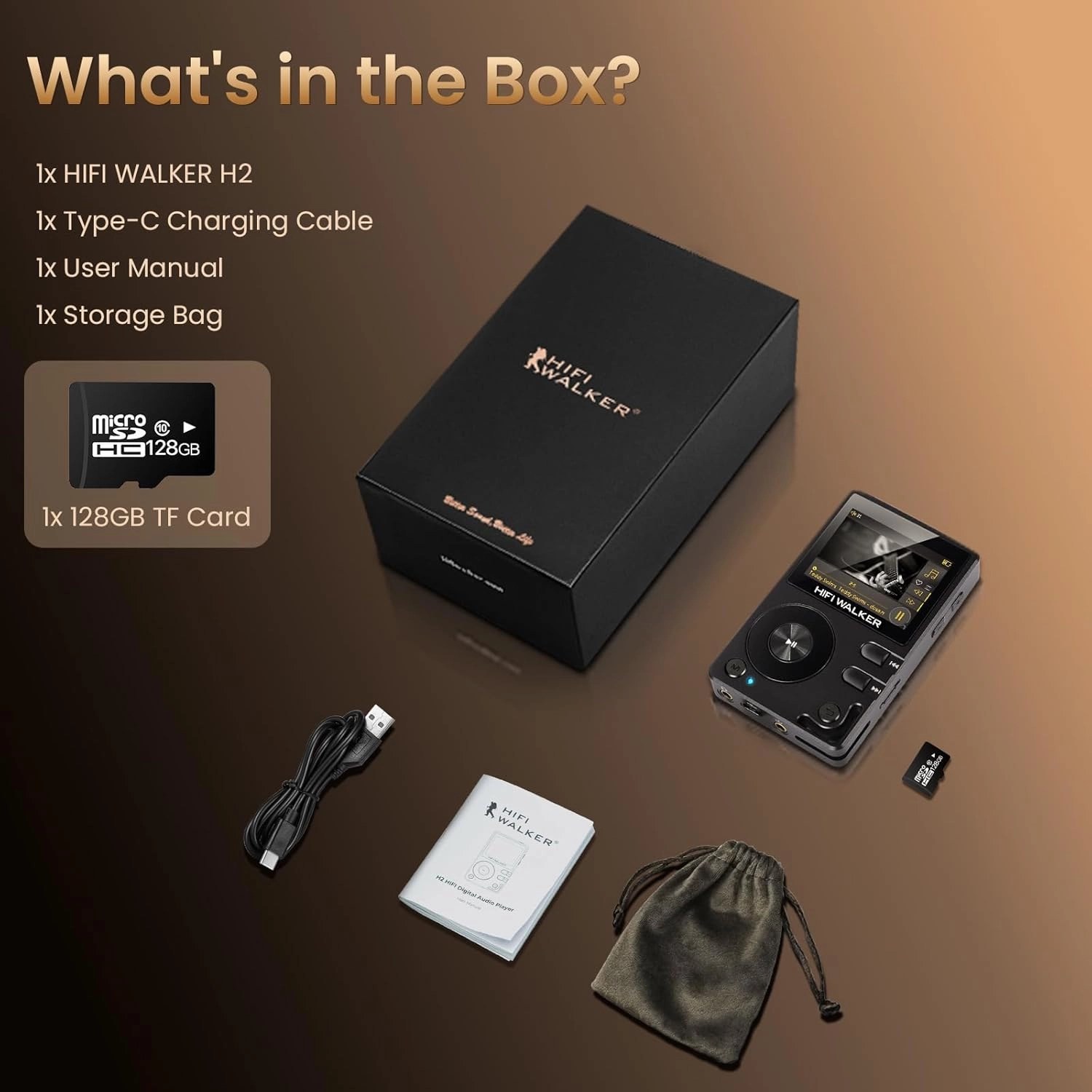 H2-128GB MP3 Player Bluetooth 5.2 Hi Res Music Player Flac Digital DSD Lossless Audio Player High Resolution Portable DAP Player, Two-Way Bluetooth, 128GB SD Card Expandable Memory