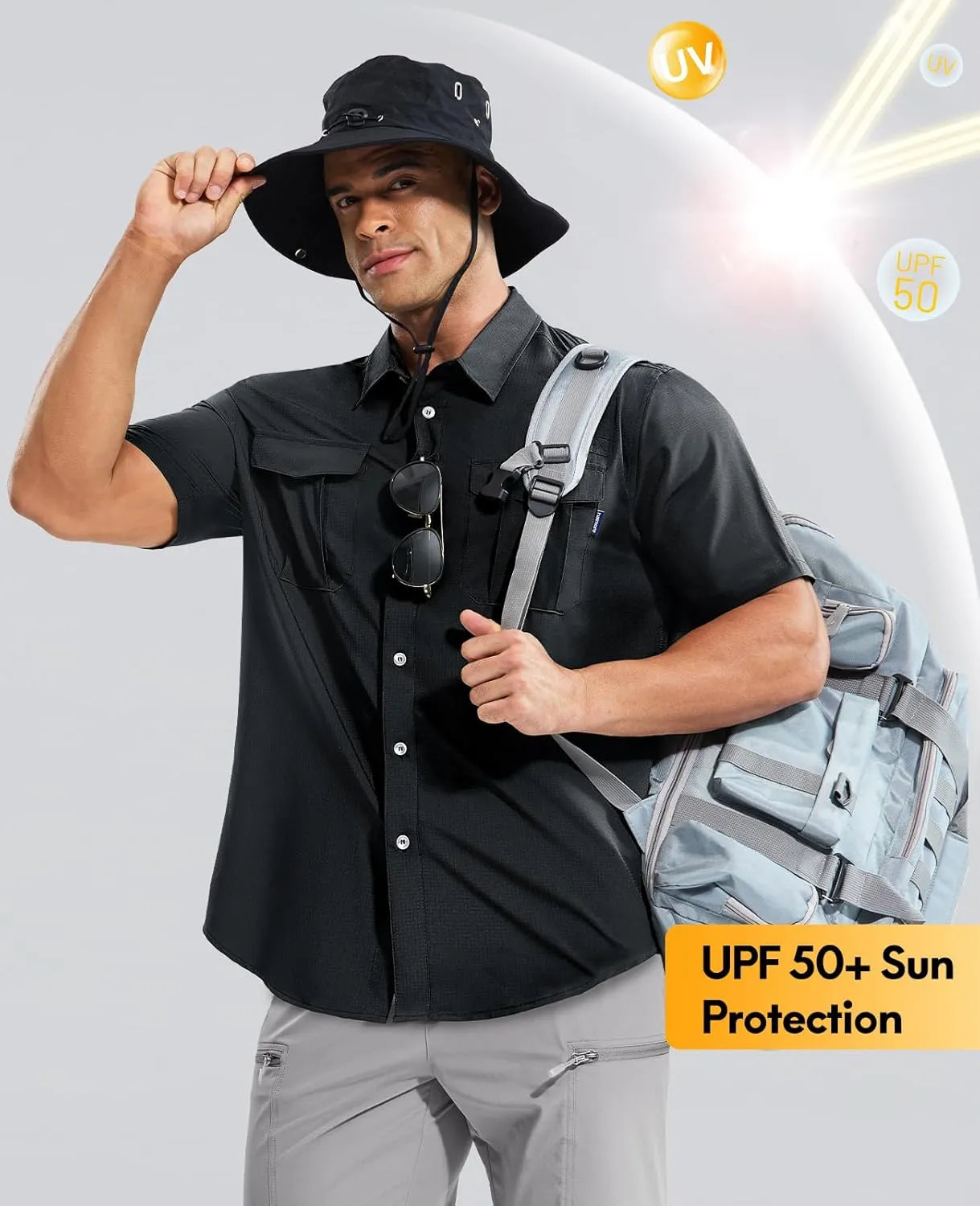 Haimont Men's Sun Protection Shirt Water Resistant Short Sleeve Button Down Shirt Quick Dry Cooling for Hiking Fishing