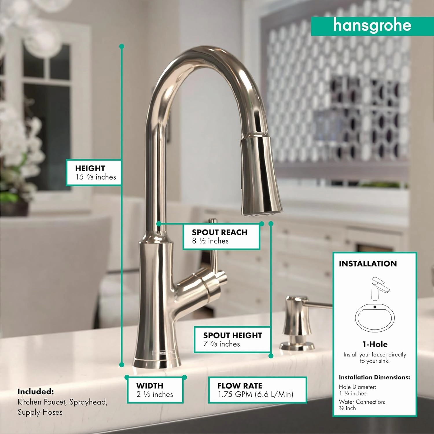 hansgrohe Joleena 1-Handle 16 Polished Nickel, 04793830 Kitchen Faucet, 15.8-Inches Tall