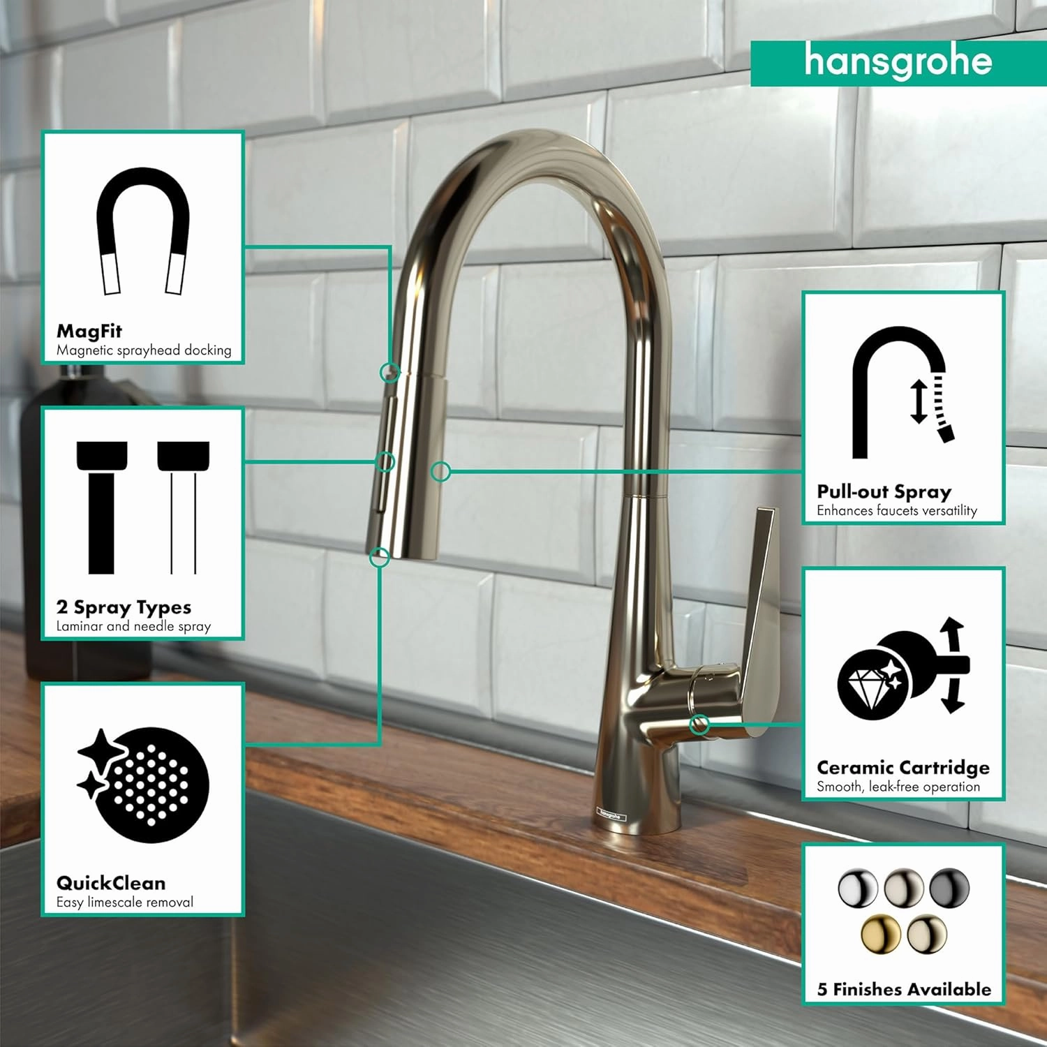 hansgrohe Talis S Brushed Nickel High Arc Kitchen Faucet, Kitchen Faucets with Pull Down Sprayer, Faucet for Kitchen Sink, Magnetic Docking Spray Head, Polished Nickel 72813831