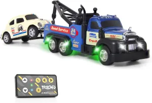 haomsj Small Metal Rc Tow Truck Set with Mini Metal Car,City Service Vehicle Remote Control Tow Truck Toys for Kids Boys Gifts 3-5 4-7 8-12 Years Old, 1:64 Scale Cars Trailer Toy with Light(Blue)