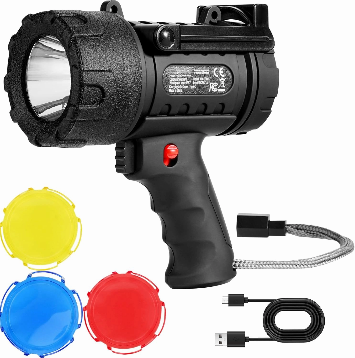 Happybuy Rechargeable Spotlight Flashlight, 200,000 Lumens, IP67 Waterproof Handheld LED Searchlight. Super Bright Portable with 4 Modes, Detachable Lens and USB Port. Ideal for Hunting, Boating