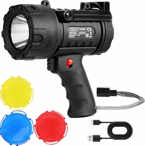 Happybuy Rechargeable Spotlight Flashlight, 200,000 Lumens, IP67 Waterproof Handheld LED Searchlight. Super Bright Portable with 4 Modes, Detachable Lens and USB Port. Ideal for Hunting, Boating
