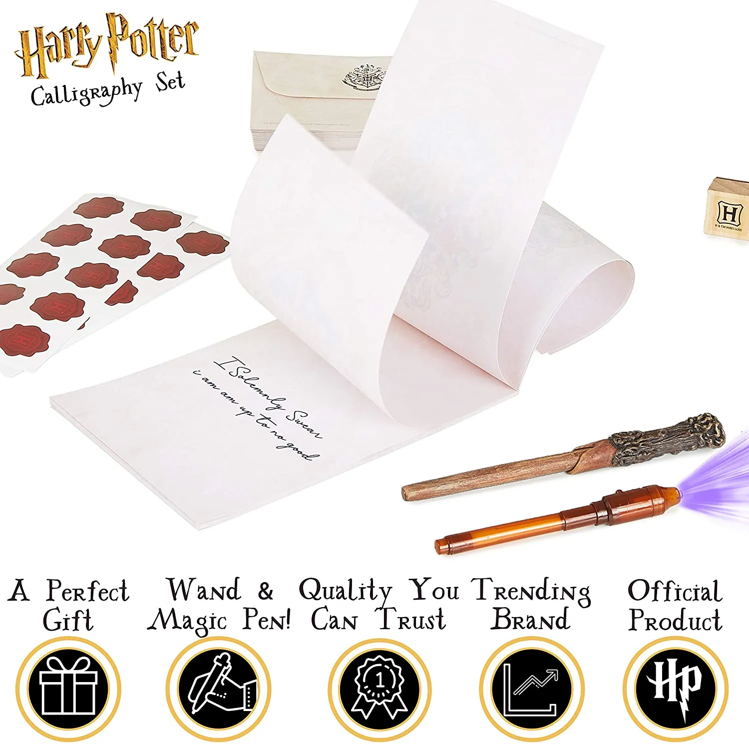 Harry Potter Gifts Letter Writing Set with Harry Potter Wand Pen Secret Messages Pen A5 Paper Envelopes Stamps & Wax Seal Stickers Stationery Supplies