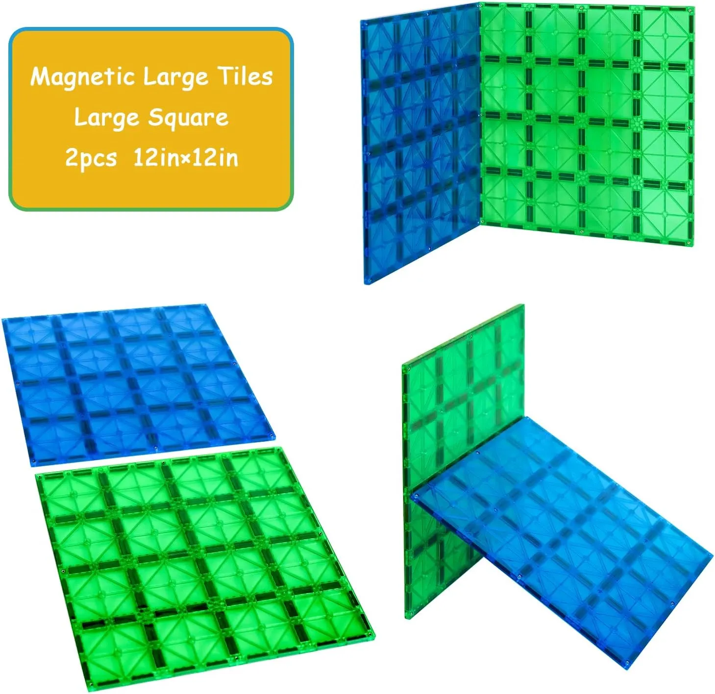 HAS HPPINESS and Surprise 2 pcs Super Big Durable Building Stabilizer Tiles,12 x 12 Gaint Squre Magnetic Tiles Building Plates,Jumbo 3D Magnet Puzzles Toys(Blue and Green)