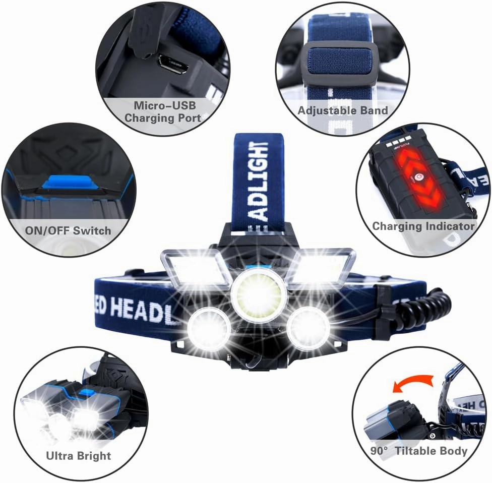 Headlamp,Ultra Bright 21 LED Headlight Flashlight with Power Indicator,12000 Lumen USB Rechargeable Headlamps Waterproof Work Light, 9 Modes Head Lamp for Outdoor Camping Hunting Fishing Hiking Biking