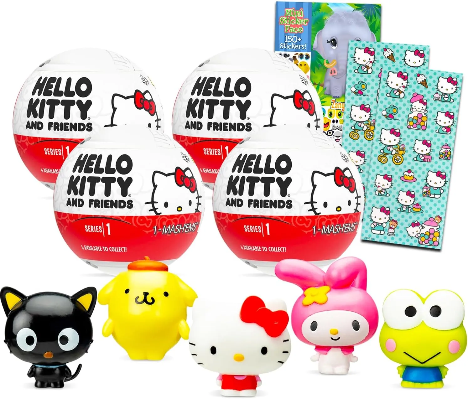 Hello Kitty Blind Box Party Favors - Bundle with 4 Hello Kitty Mash'Ems Blind Ball Mini Figures Mystery Toys Plus Stickers, More | Hello Kitty Figurines for Kids, Boys, Girls