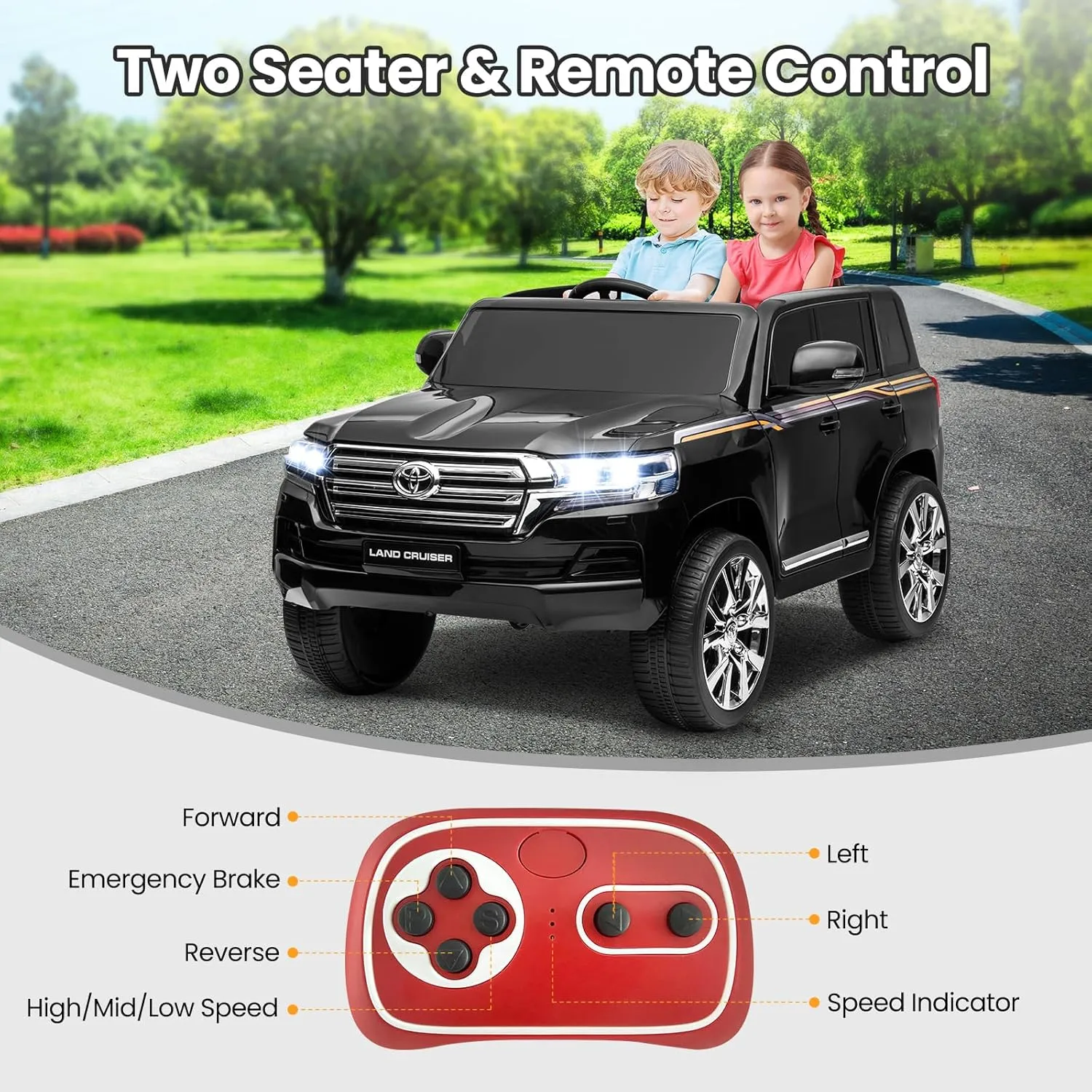Hetoy 12V Kids Ride On Truck Car, Licensed Toyota Land Cruiser Battery Powered Electric Vehicle with Parent Remote Control, 3 Speeds, Music, Horn, LED Lights, Ride on Toys for Kids, Black