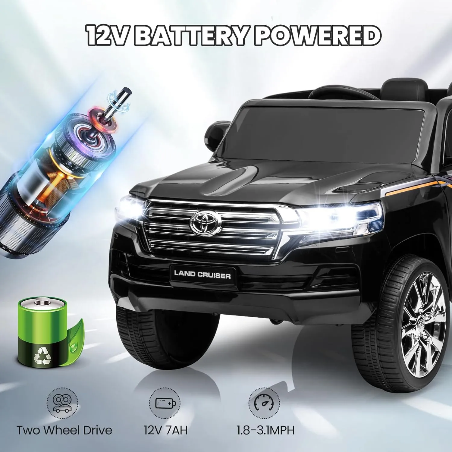 Hetoy 12V Kids Ride On Truck Car, Licensed Toyota Land Cruiser Battery Powered Electric Vehicle with Parent Remote Control, 3 Speeds, Music, Horn, LED Lights, Ride on Toys for Kids, Black