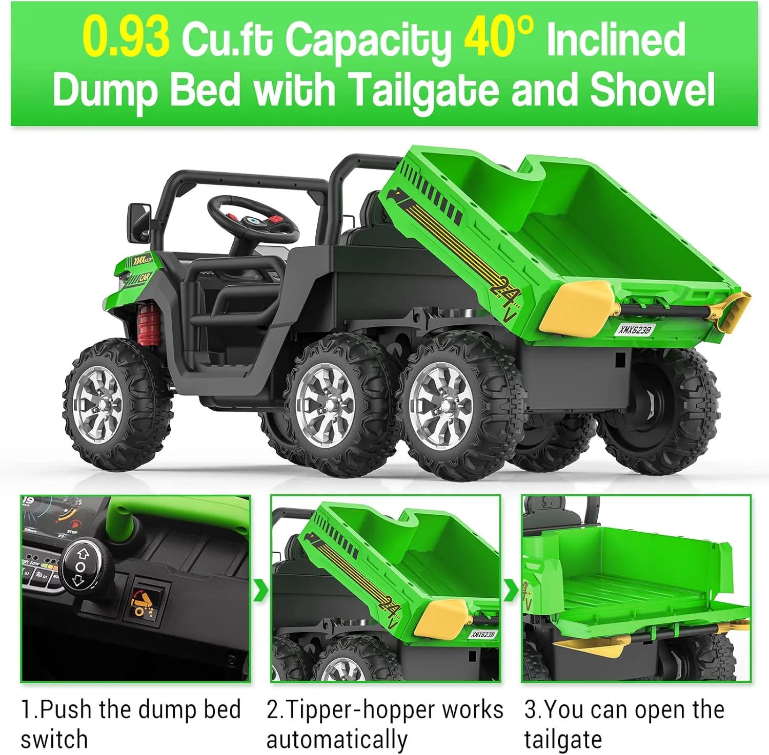 Hetoy 24V 2-Seater Ride On Dump Truck with Parent Remote Control, 4WD 6-Wheel Electric Car for Big Kids, UTV Style Dump Bed & Music Horn, ASTM/CPSIA Certified (Ages 3 )