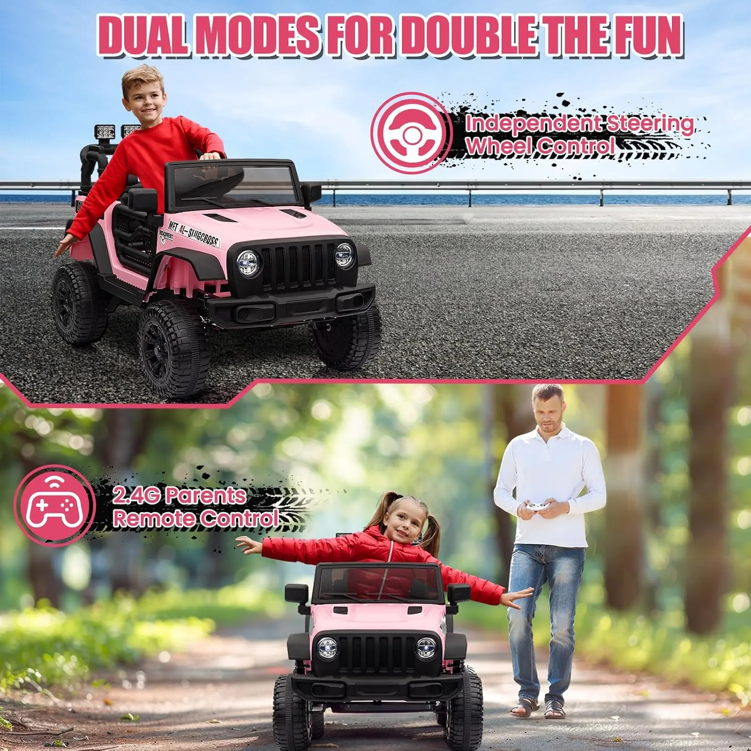 Hetoy Ride on Truck Car 12V Kids Electric Vehicles with Remote Control, 2 Speeds, Spring Suspension, LED Headlight, Bluetooth, Music, Battery Powered Car for Kids - Pink