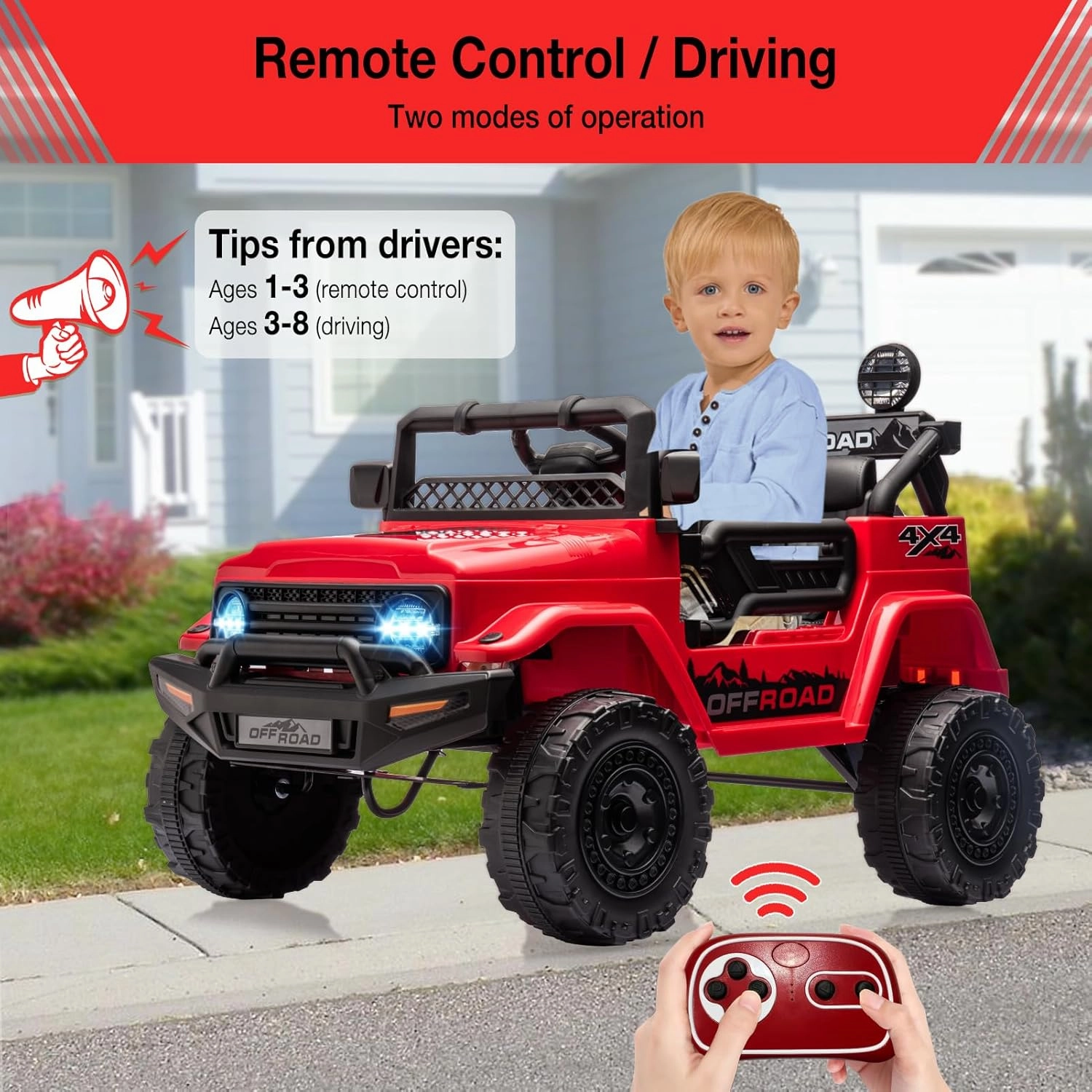 Hetoy 12V Electric Ride-On Truck for Kids - Remote Control Car with Spring Suspension, LED Lights, Music & 3 Speeds | Battery-Powered Ride Toy (Ages 3 )
