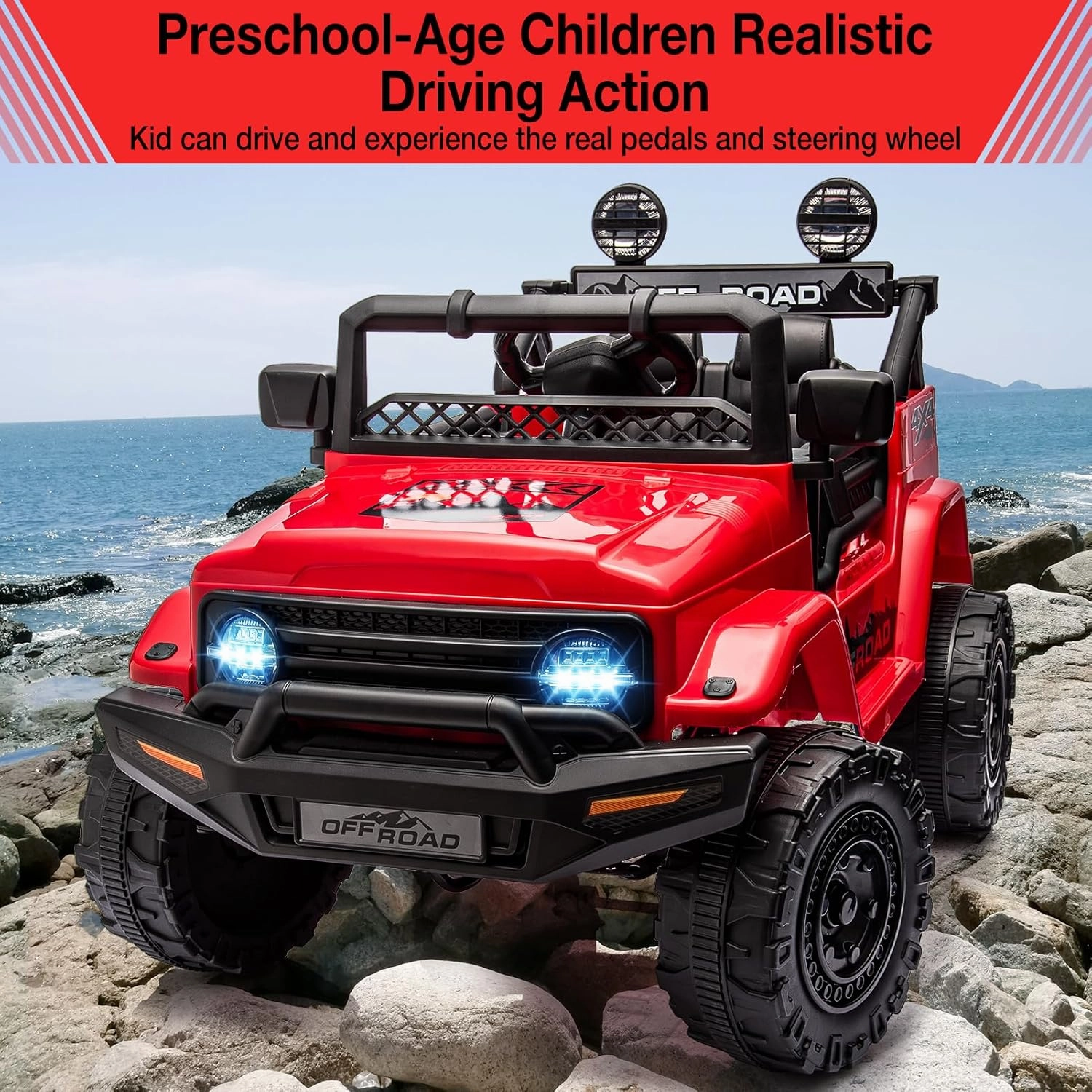 Hetoy 12V Electric Ride-On Truck for Kids - Remote Control Car with Spring Suspension, LED Lights, Music & 3 Speeds | Battery-Powered Ride Toy (Ages 3 )
