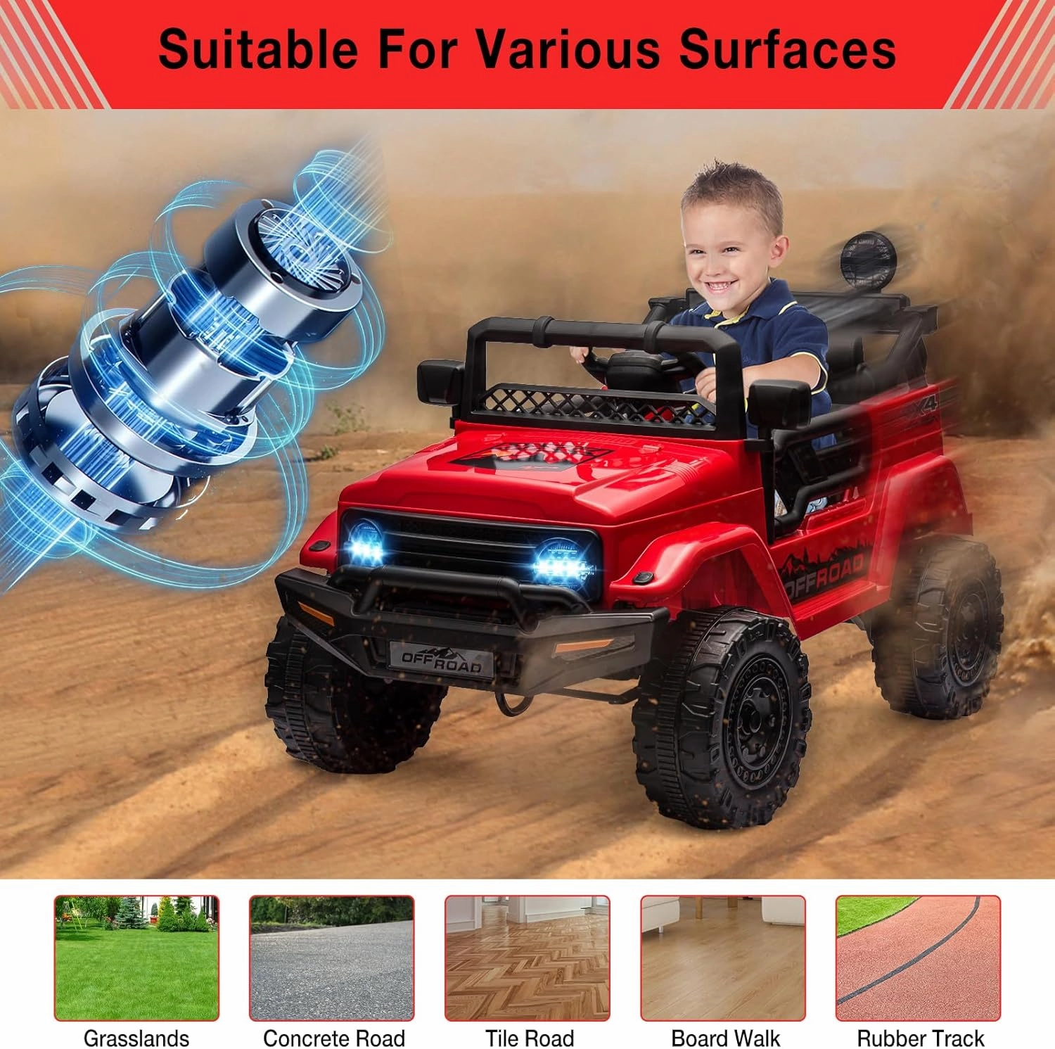 Hetoy 12V Electric Ride-On Truck for Kids - Remote Control Car with Spring Suspension, LED Lights, Music & 3 Speeds | Battery-Powered Ride Toy (Ages 3 )