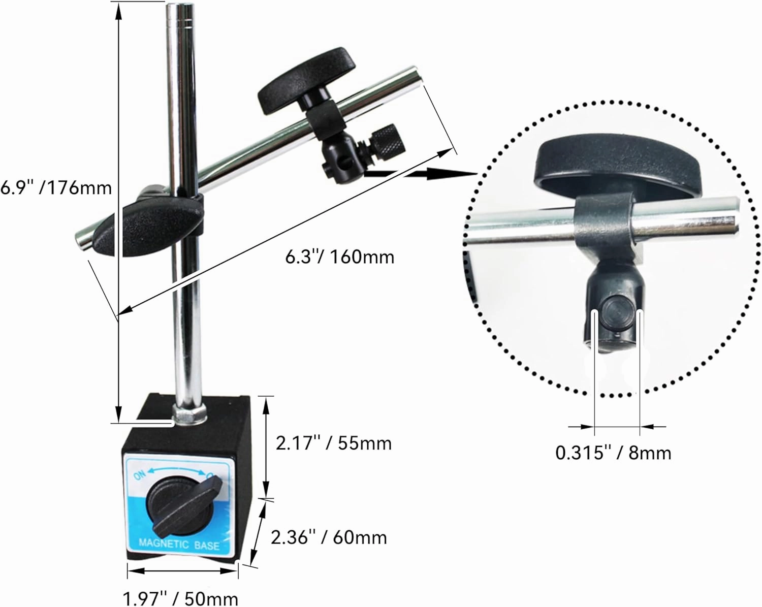 HFS(R Magnetic Base Stand for Dial Indicator 132lbs/60kg Max Pull Clamping Hole 8mm
