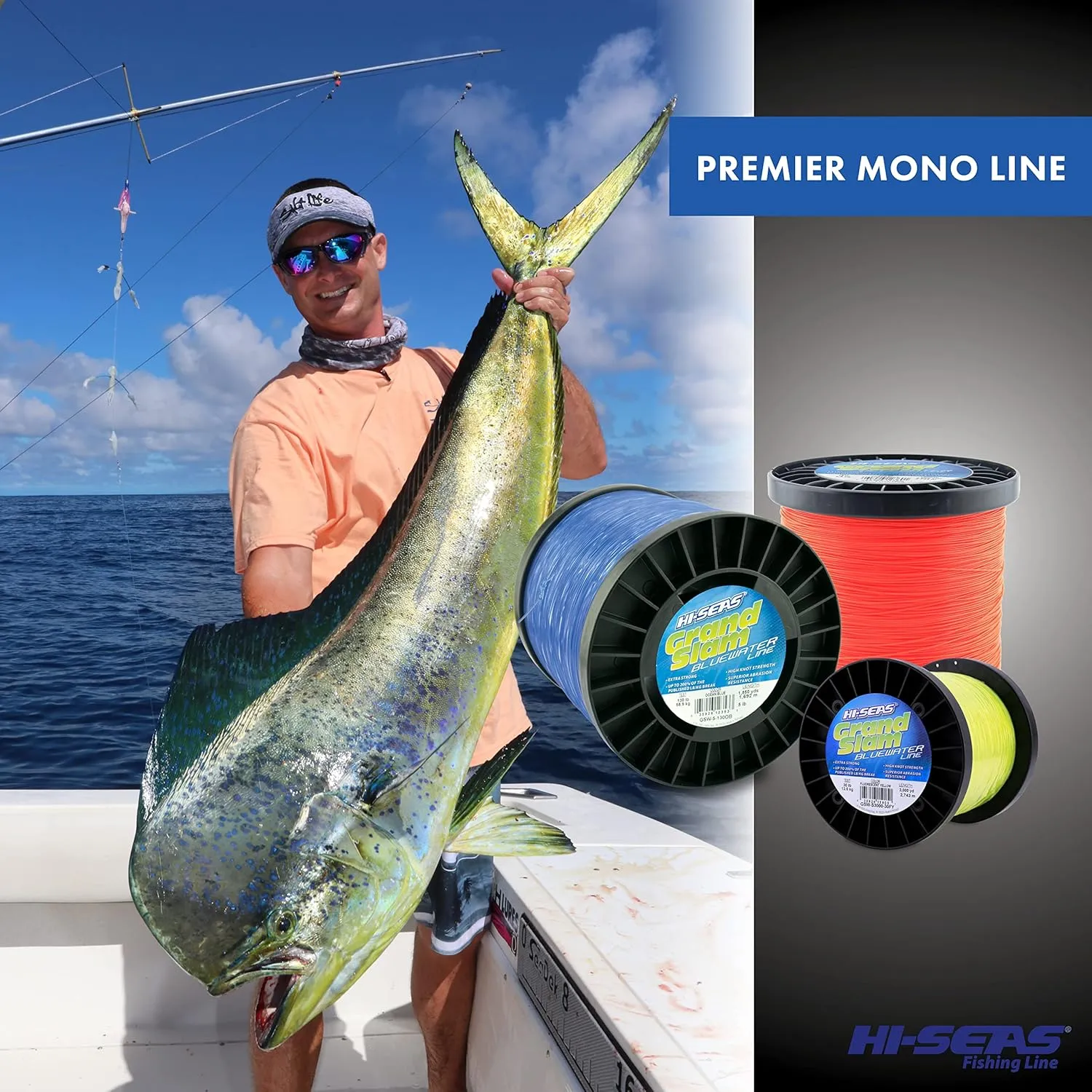 HI-SEAS Bluewater Monofilament Fishing Line - Up to 200% Stronger, Premium Heavy Duty Tournament Grade for Big Game Saltwater Fishing in Ocean Blue, Fluorescent Yellow, Orange Flame HI-VIS Colors