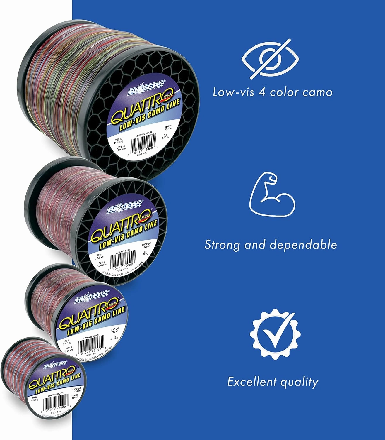 HI-SEAS Quattro Monofilament Fishing Line - Low-vis 4 Color Camo, Strong & Durable Performance Saltwater Main Line