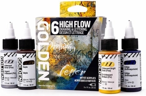 High Flow Acrylics by GOLDEN, High Flow Drawing & Lettering Set, 6 Colors, Professional Acrylic Paint