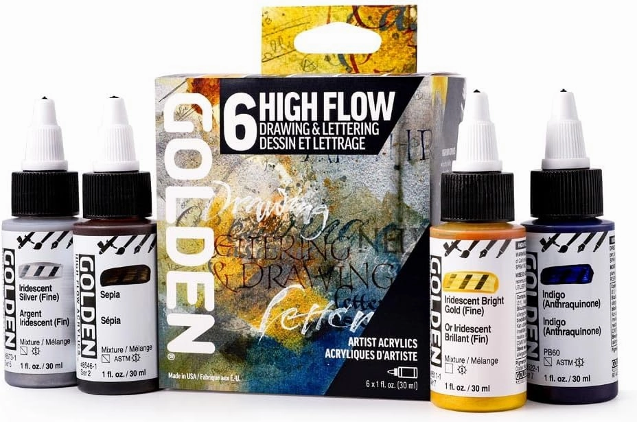 High Flow Acrylics by GOLDEN, High Flow Drawing & Lettering Set, 6 Colors, Professional Acrylic Paint