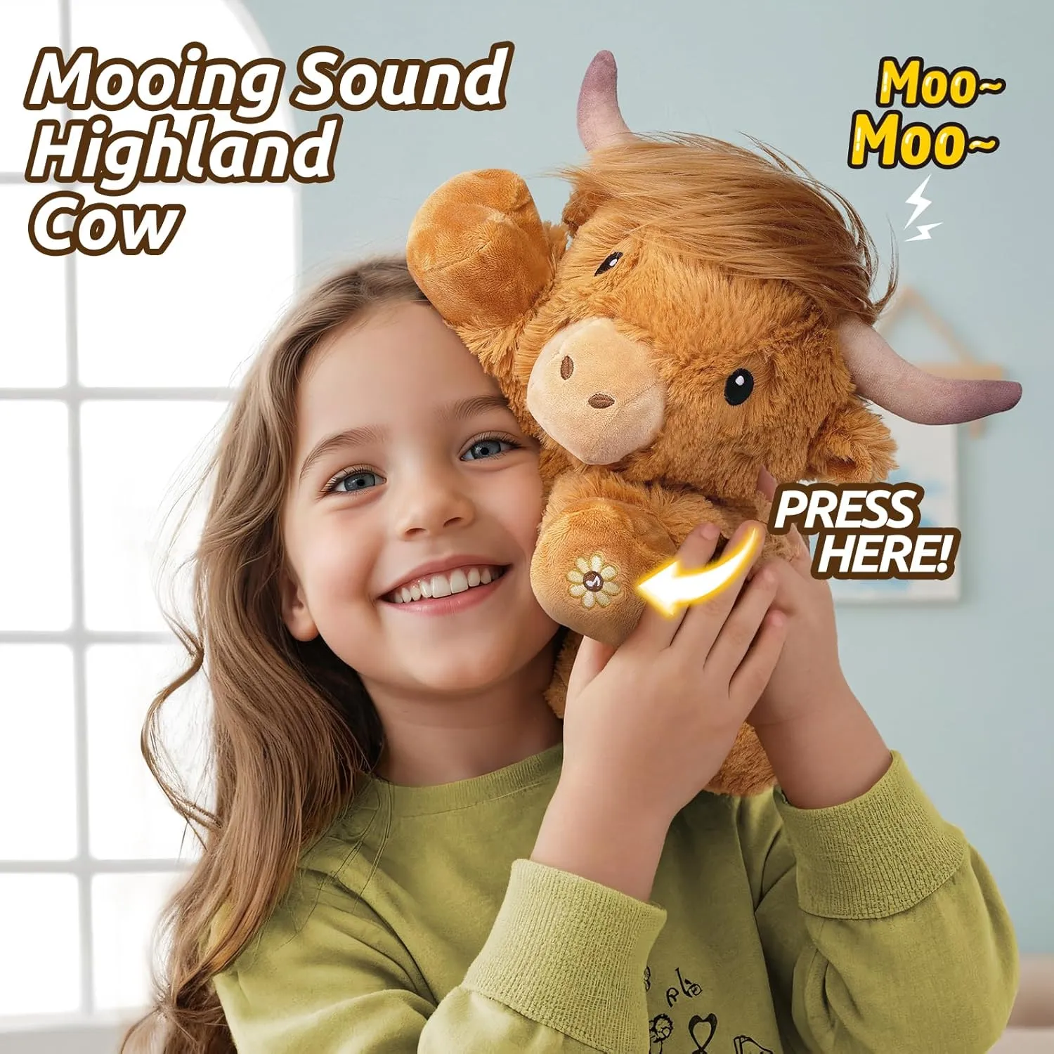 Highland Cow Stuffed Animal with Mooing Sound, Adorable Fluffy Plush Stuffed Animals Highland Cattle, Cute Soft Plushie Toys for Kids Adults & Children Gift (Boys, Girls), 14 Inches